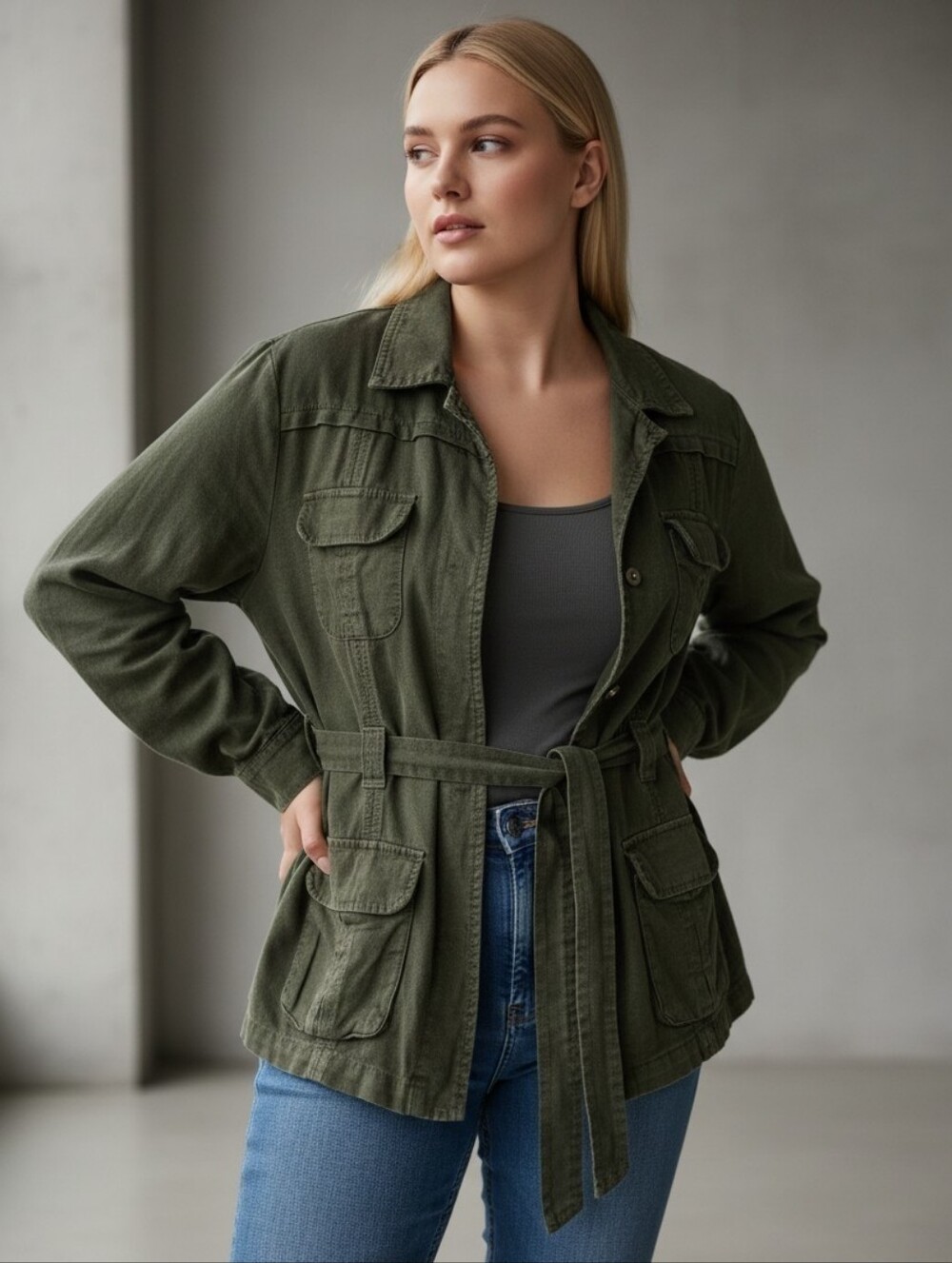 Jessica Dark Olive Linen & Rayon Utility Jacket with Waist Belt